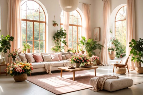 A bright South African living room with fresh flowers, pastel cushions, light curtain