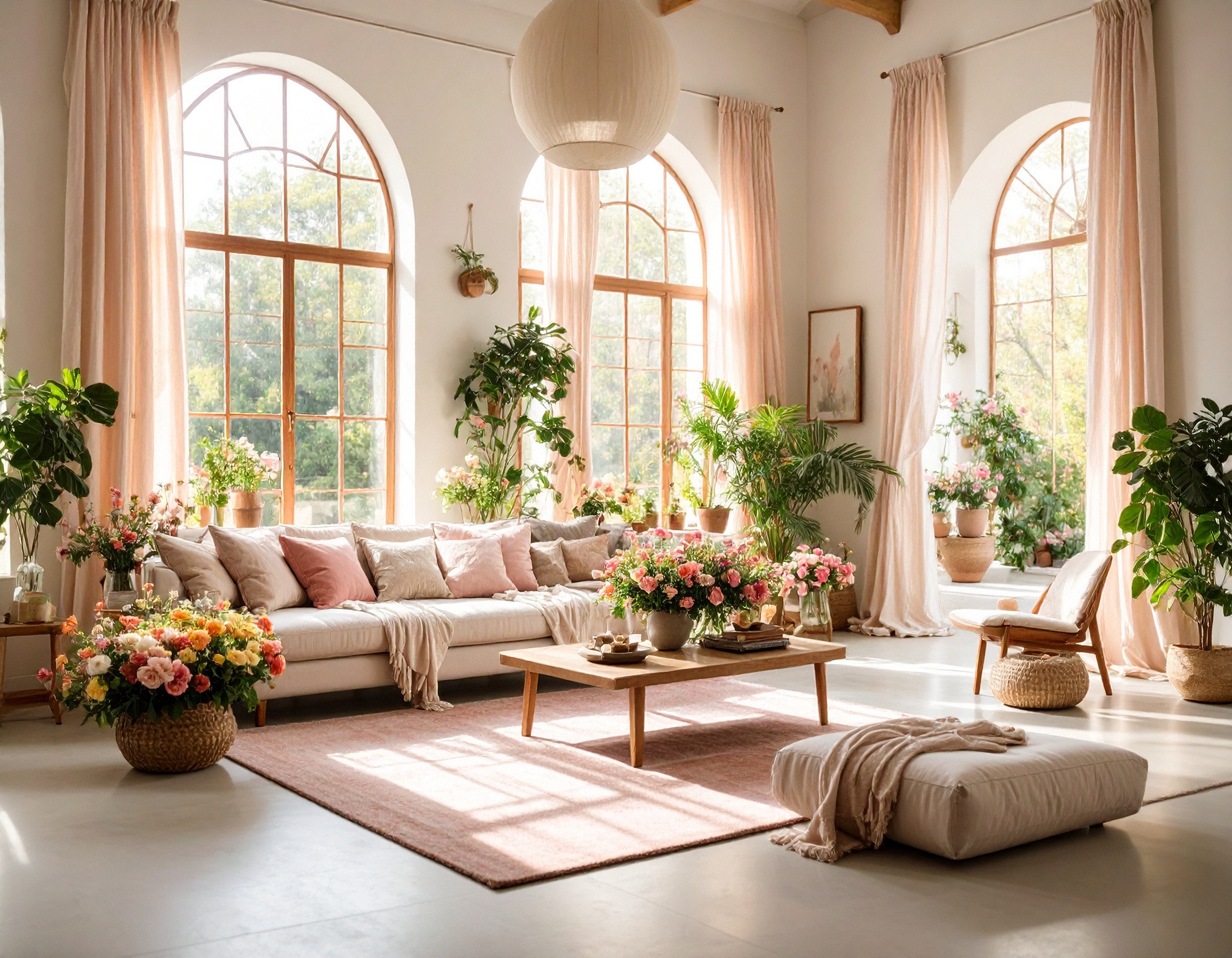 A bright South African living room with fresh flowers, pastel cushions, light curtain