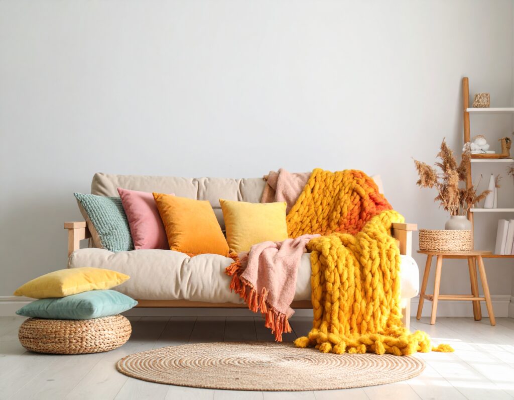 bright pastel cushions and throws for spring makeover