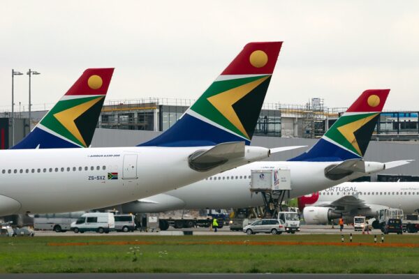 South African Airways aircraft on the runway at OR Tambo International Airport