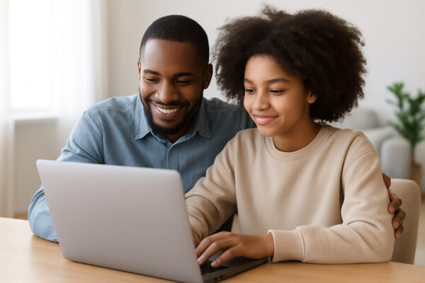 A father and teenage daughter sitting together at a table, using a laptop, symbolizing parental guidance and online safety with ChatGPT.