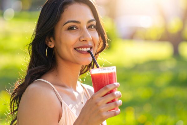 Person enjoying a healthy smoothie outdoors in spring, representing natural ways to strengthen the immune system