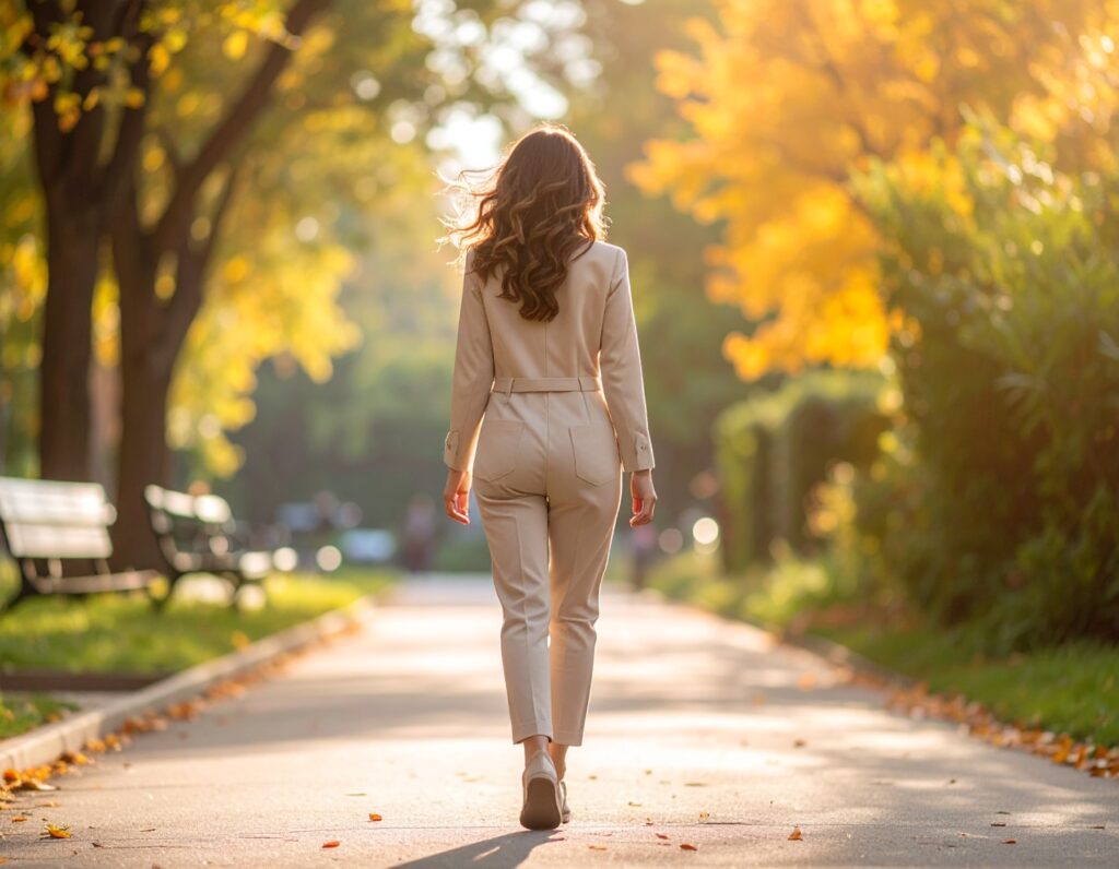 Person walking briskly in a park, enjoying mild exercise to support immune health.