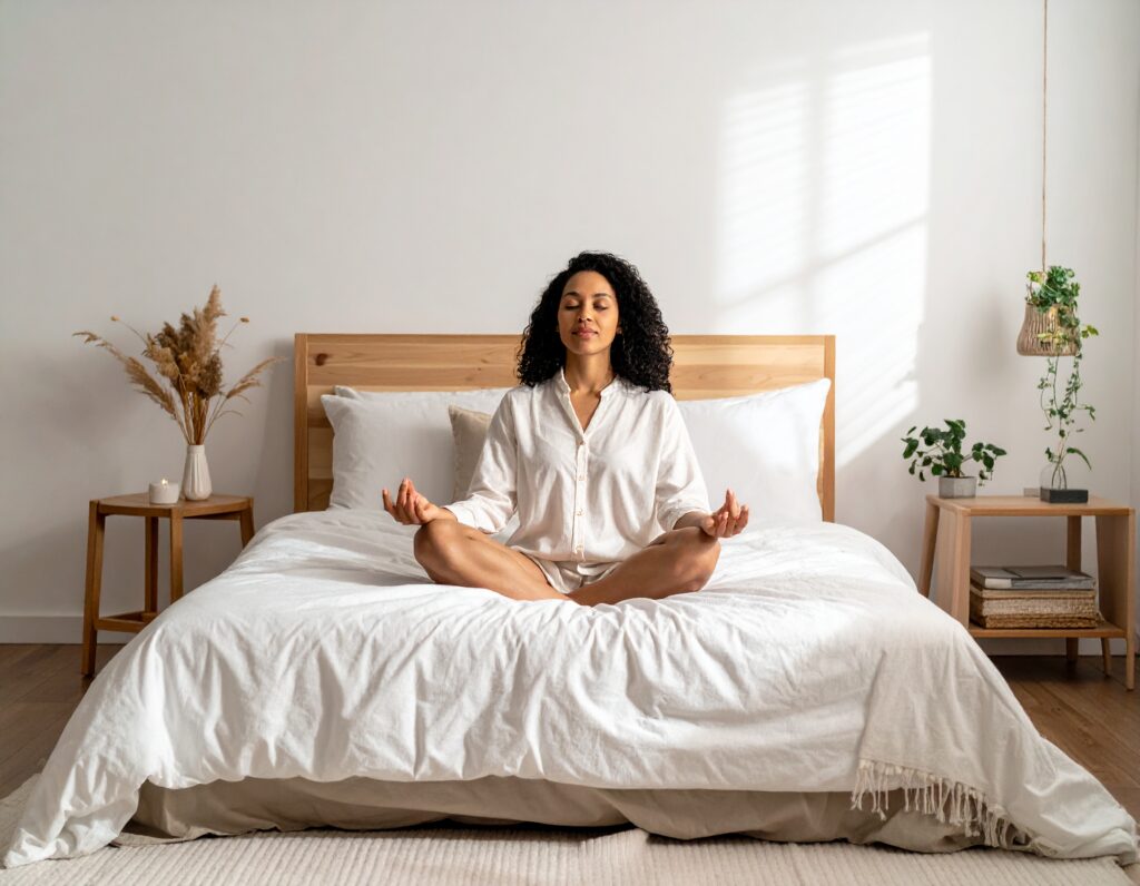 Person sitting in meditation posture, symbolizing restful sleep or stress reduction