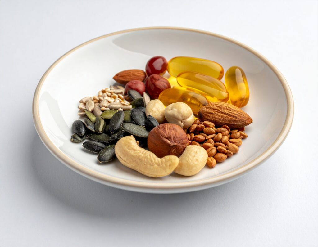 Close-up of a dish with nuts, seeds and small supplement capsules, symbolizing immune-supporting micronutrients.